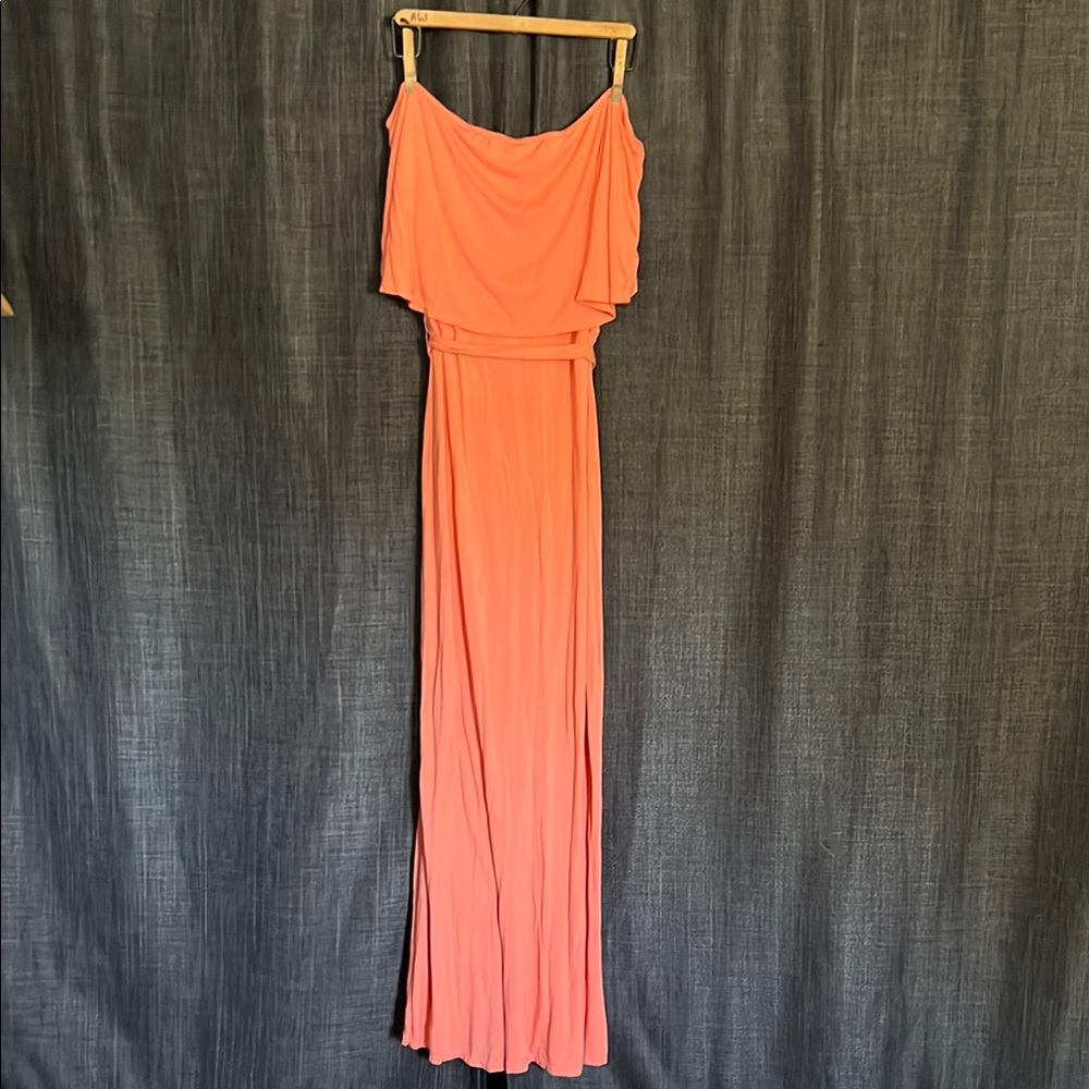 Just fab peach coral pink strapless maxi dress with removable tie belt XXL